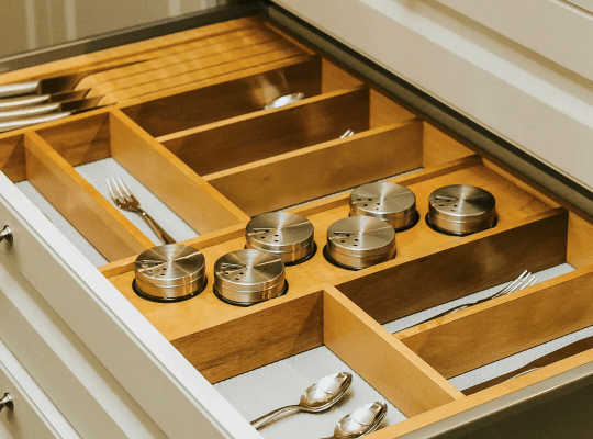 Organizador de Talheres em madeira para melhor aproveitamento do espaço e organização em cozinhas planejadas em Praia Grande