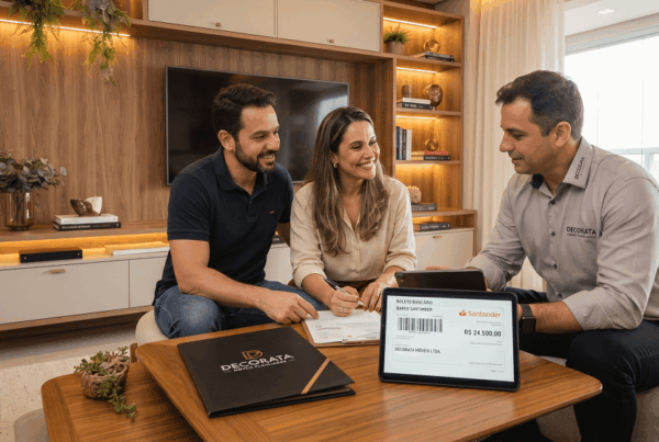 Casal feliz assinando contrato de compra de móveis planejados na sala de casa, acompanhados por um consultor da loja Decorata. Sobre a mesa, um tablet exibe o parcelamento via boleto bancário pelo banco Santander em Praia Grande, SP.