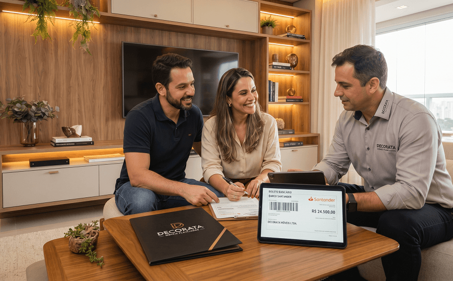 Casal feliz assinando contrato de compra de móveis planejados na sala de casa, acompanhados por um consultor da loja Decorata. Sobre a mesa, um tablet exibe o parcelamento via boleto bancário pelo banco Santander em Praia Grande, SP.