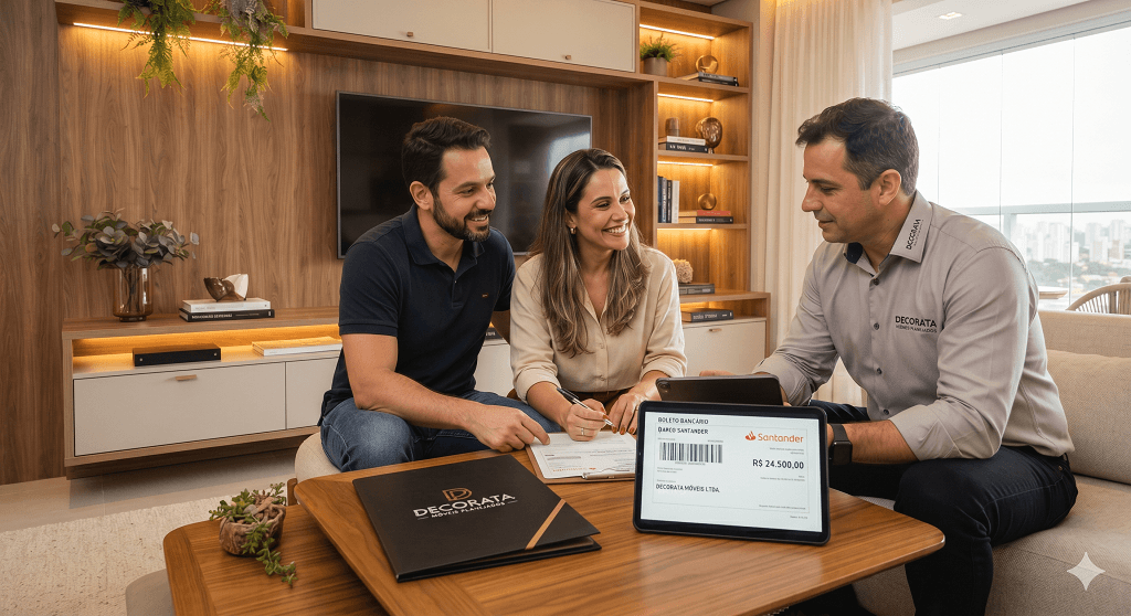 Casal feliz assinando contrato de compra de móveis planejados na sala de casa, acompanhados por um consultor da loja Decorata. Sobre a mesa, um tablet exibe o parcelamento via boleto bancário pelo banco Santander em Praia Grande, SP.