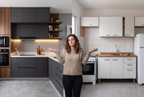 Comparativo entre móveis planejados e modulados — cozinha planejada com ferragens inox e borda PUR da Decorata em Praia Grande SP
