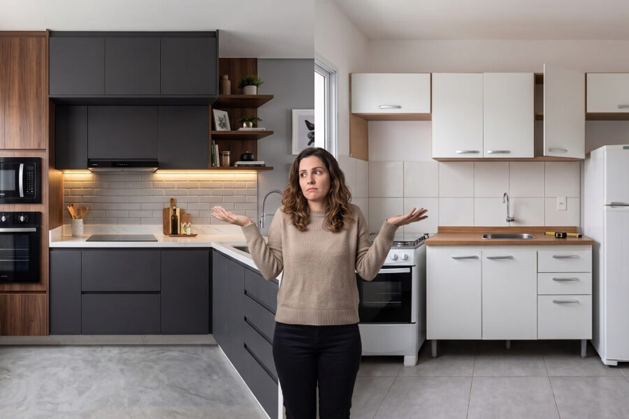 Comparativo entre móveis planejados e modulados — cozinha planejada com ferragens inox e borda PUR da Decorata em Praia Grande SP